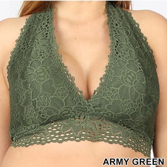 ❗ CLEARANCE ❗ Zenana Plus Size Green Lace Halter Top Bralette - Picture 1 of 2